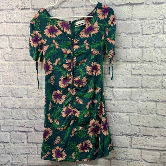 Urban Outfitters Dress Womens Small Green Floral‎ Drawstring Ruched Mini - Picture 1 of 6